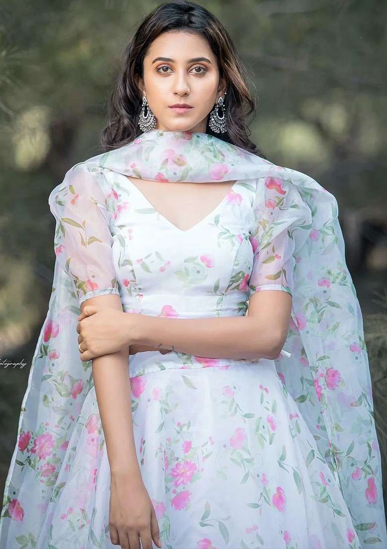 Blue Printed Blended Lehenga Choli - Indya