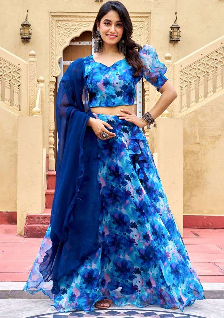 Blue Printed Blended Lehenga Choli - Indya