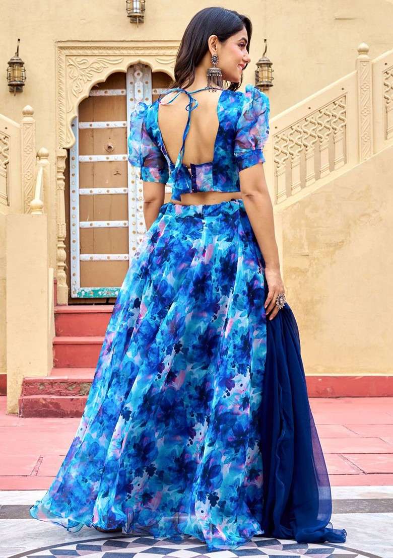 Blue Printed Blended Lehenga Choli - Indya