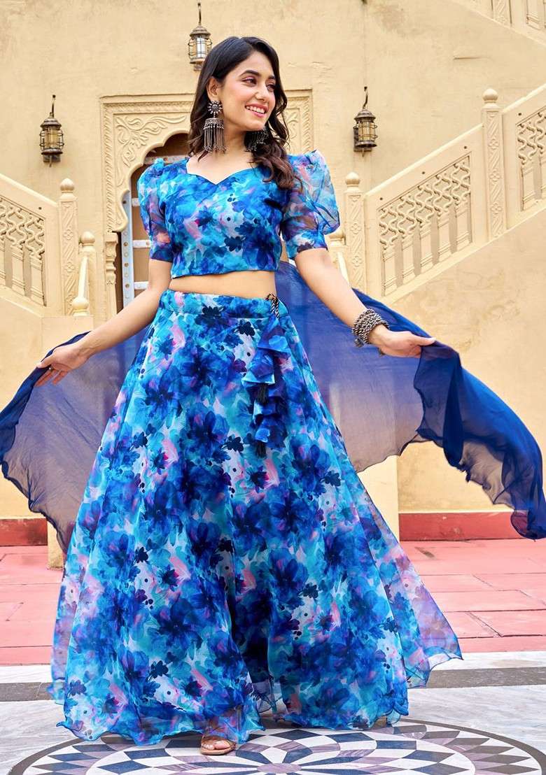 Blue Printed Blended Lehenga Choli - Indya