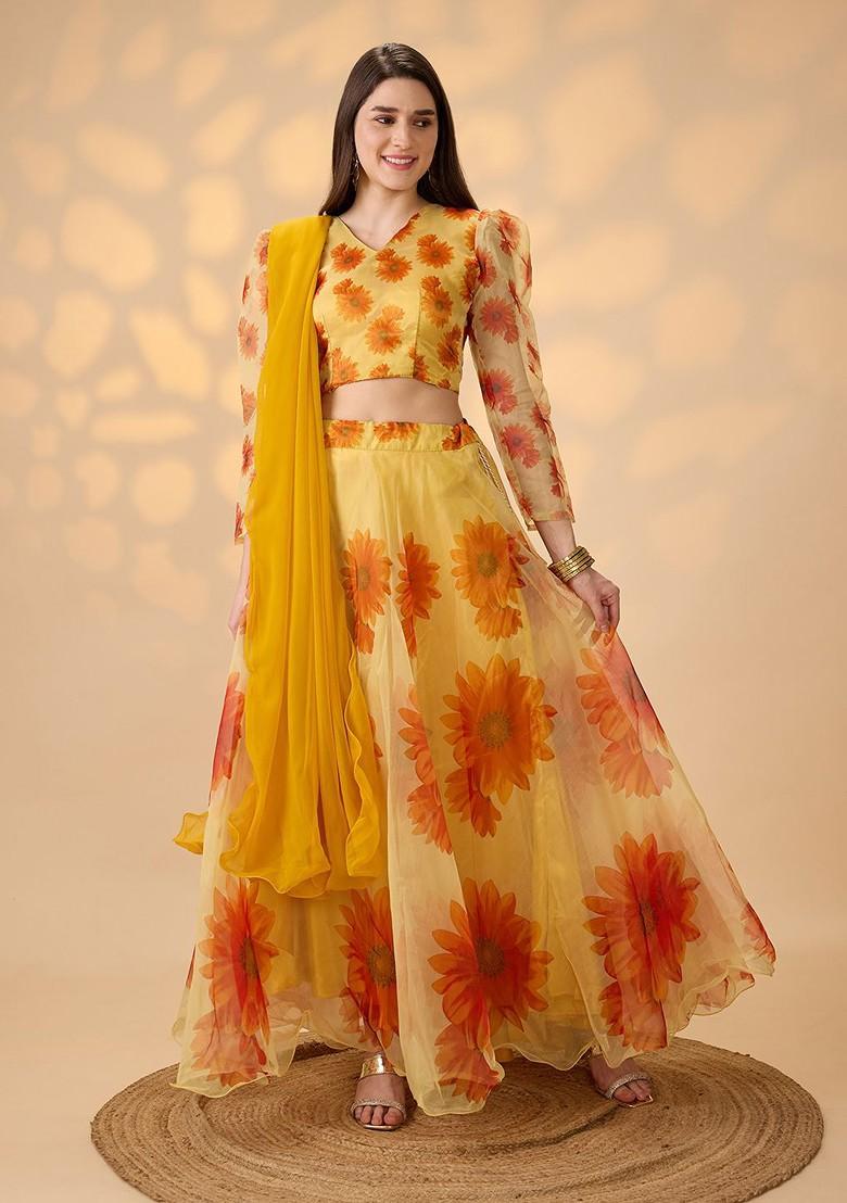Yellow Printed Blended Lehenga Choli - Indya