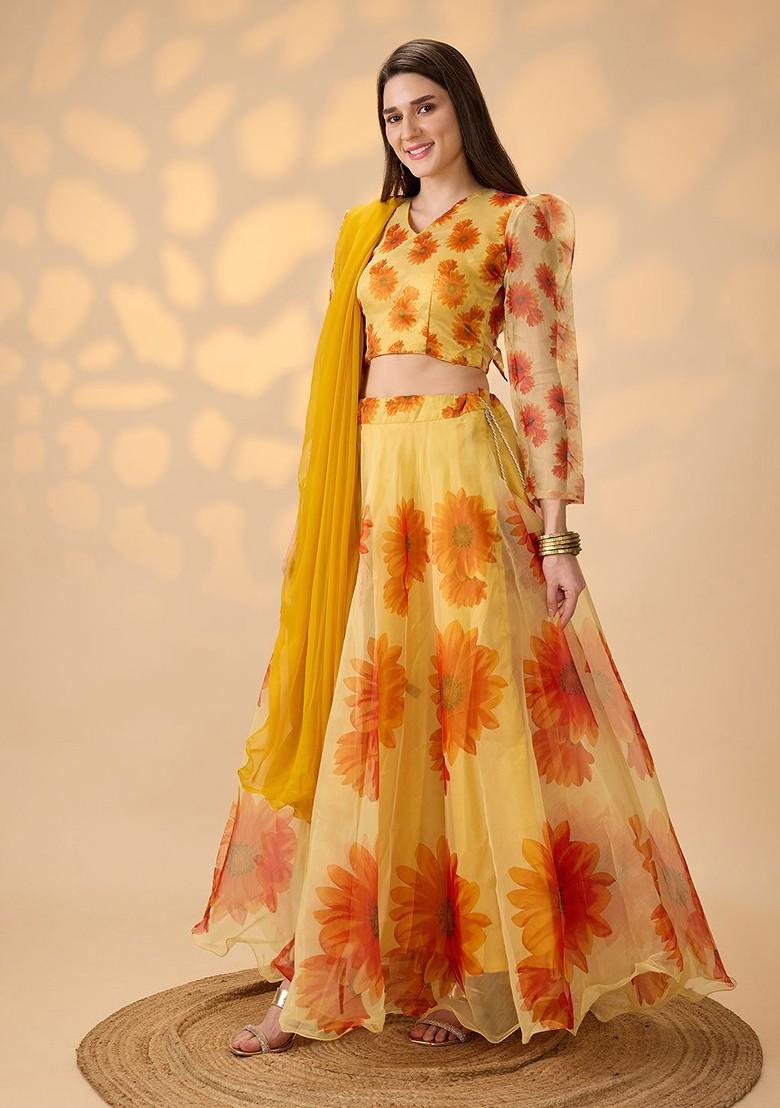 Yellow Printed Blended Lehenga Choli - Indya