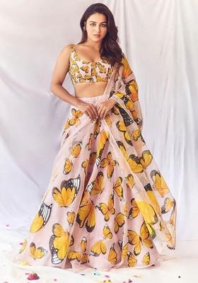 Yellow Printed Blended Lehenga Choli