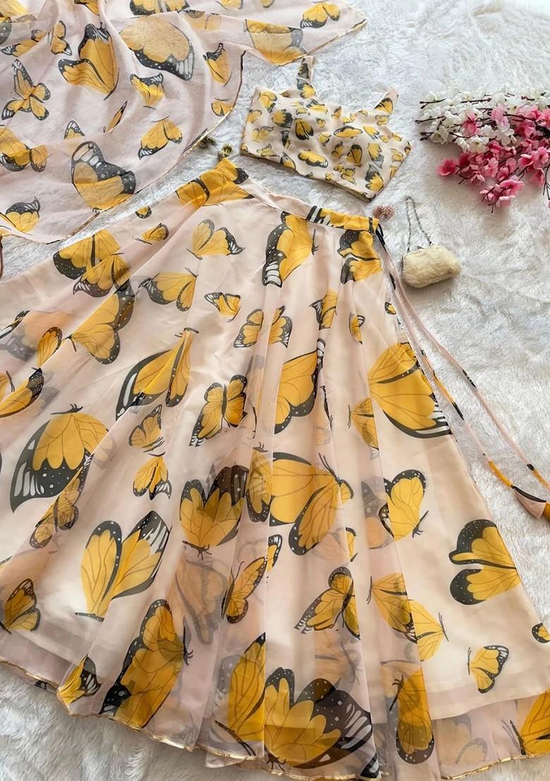 Yellow Printed Blended Lehenga Choli - Indya