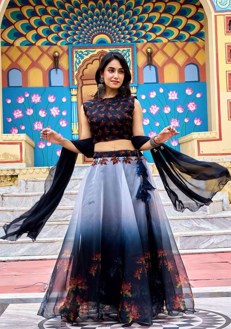 Black Printed Blended Lehenga Choli - Indya