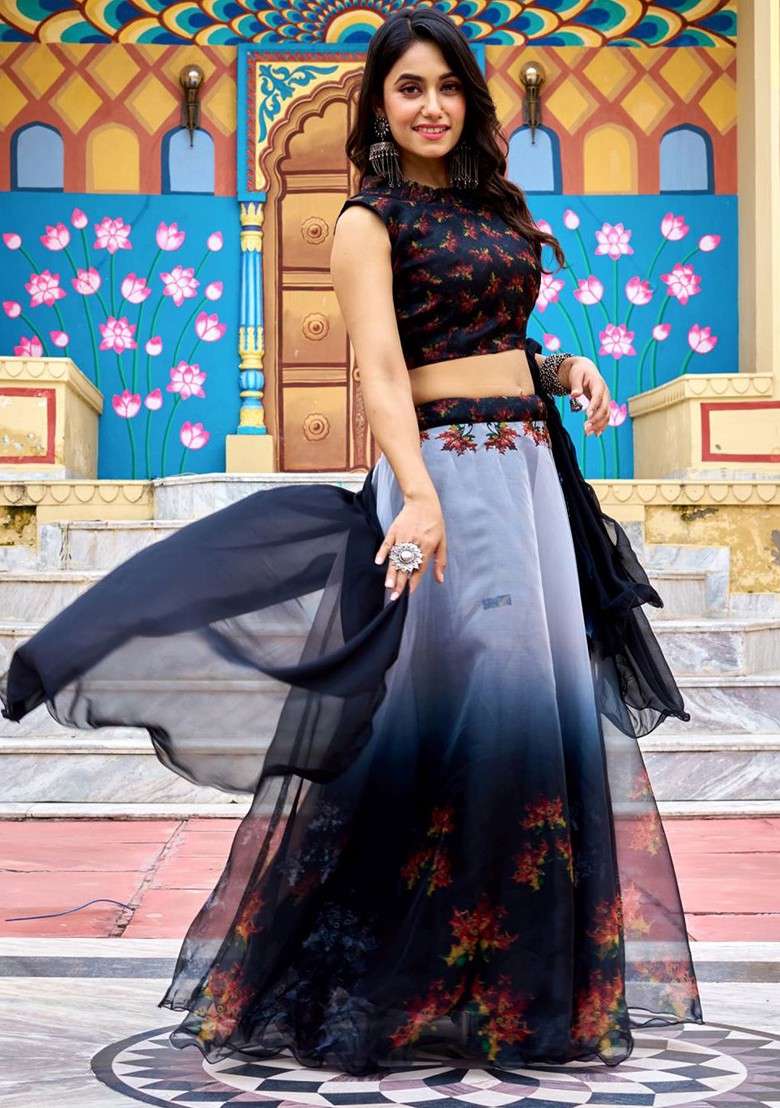 Black Printed Blended Lehenga Choli - Indya