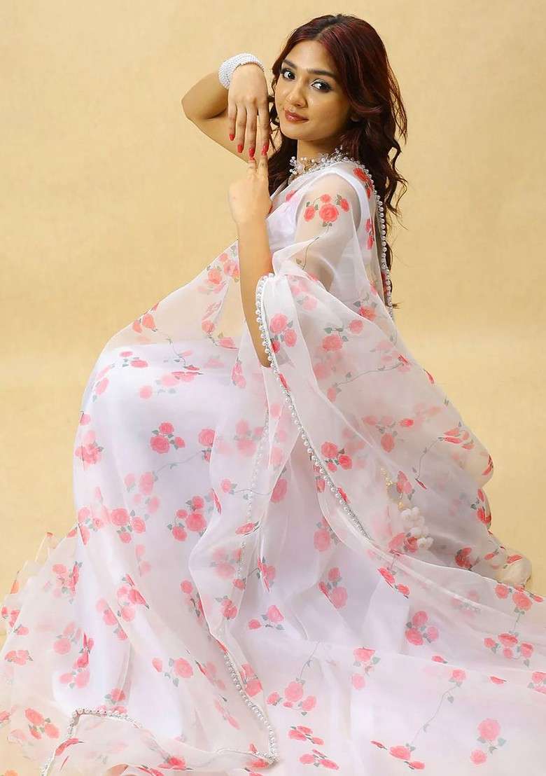 White Printed Blended Lehenga Choli - Indya