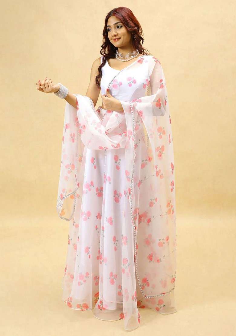 White Printed Blended Lehenga Choli - Indya