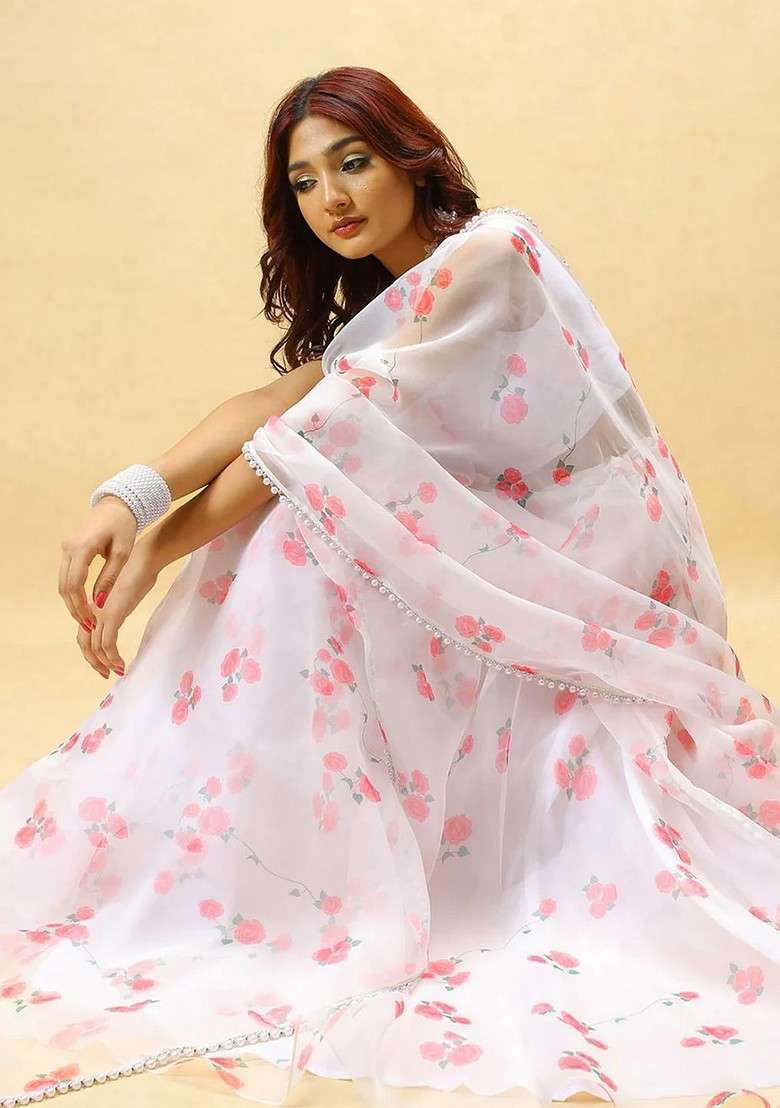 White Printed Blended Lehenga Choli - Indya