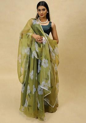 Green Printed Blended Lehenga Choli