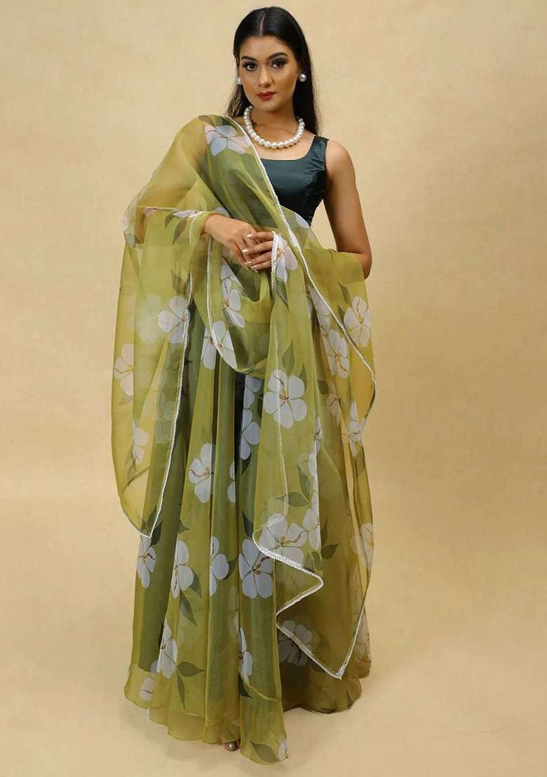 Green Printed Blended Lehenga Choli - Indya