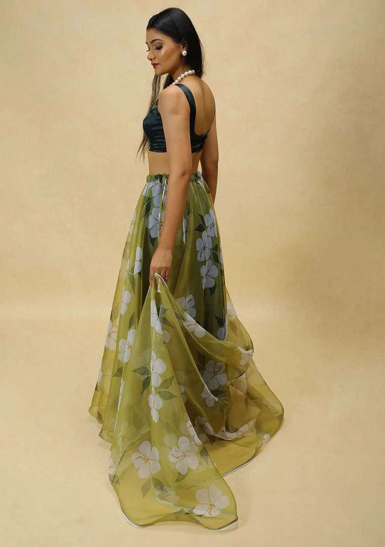 Green Printed Blended Lehenga Choli - Indya