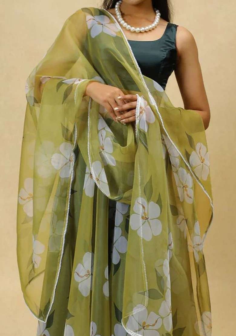 Green Printed Blended Lehenga Choli - Indya