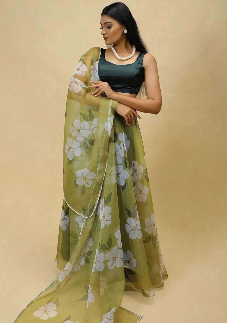 Green Printed Blended Lehenga Choli - Indya
