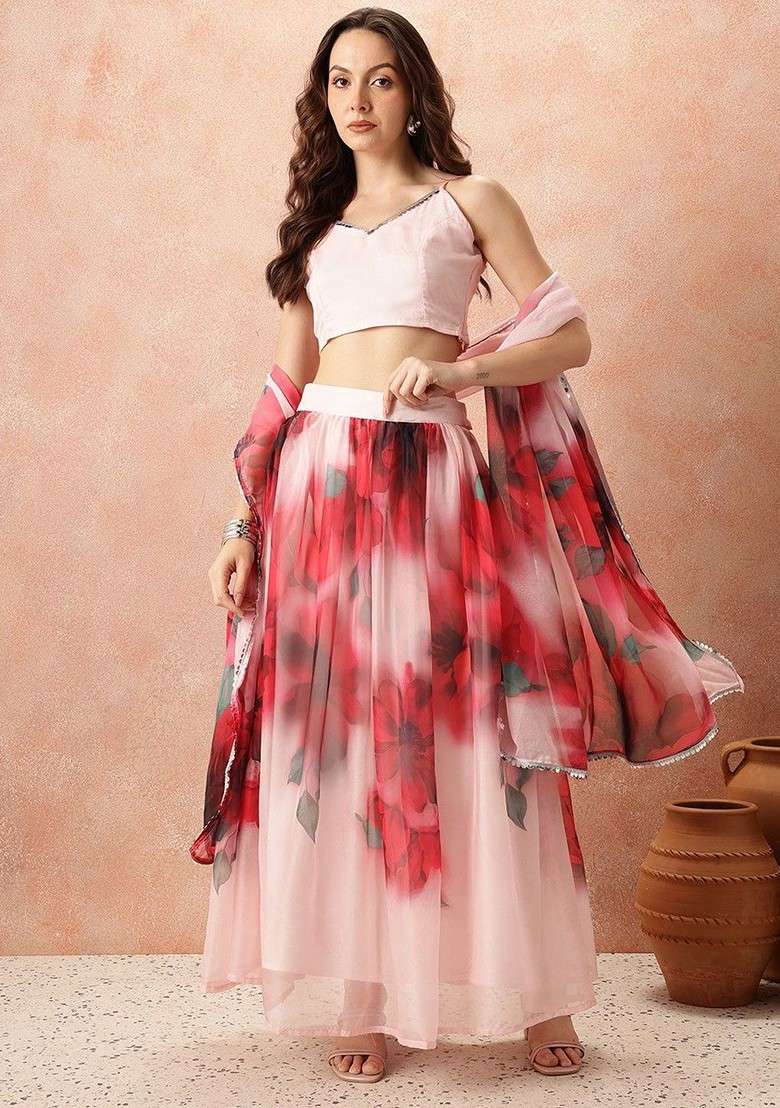 Red Printed Blended Lehenga Choli - Indya