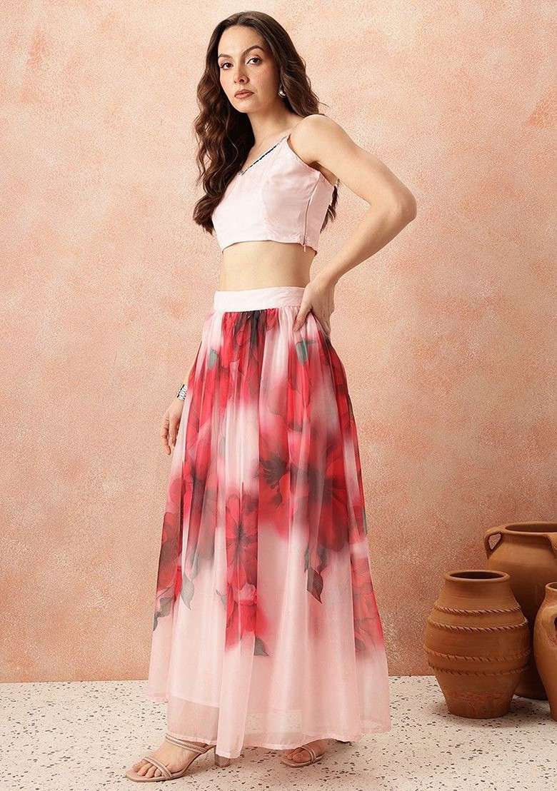 Red Printed Blended Lehenga Choli - Indya