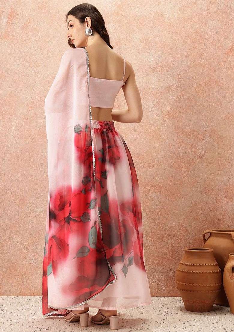 Red Printed Blended Lehenga Choli - Indya