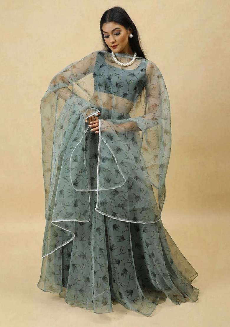 Grey Printed Blended Lehenga Choli - Indya