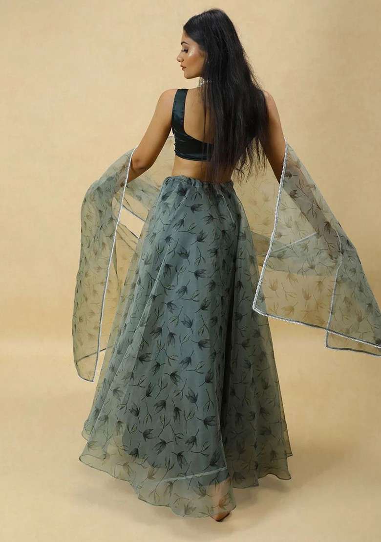 Grey Printed Blended Lehenga Choli - Indya