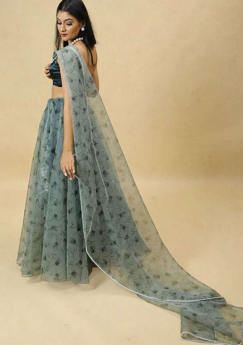 Grey Printed Blended Lehenga Choli - Indya