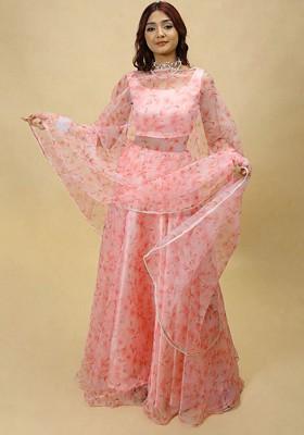 Pink Printed Blended Lehenga Choli