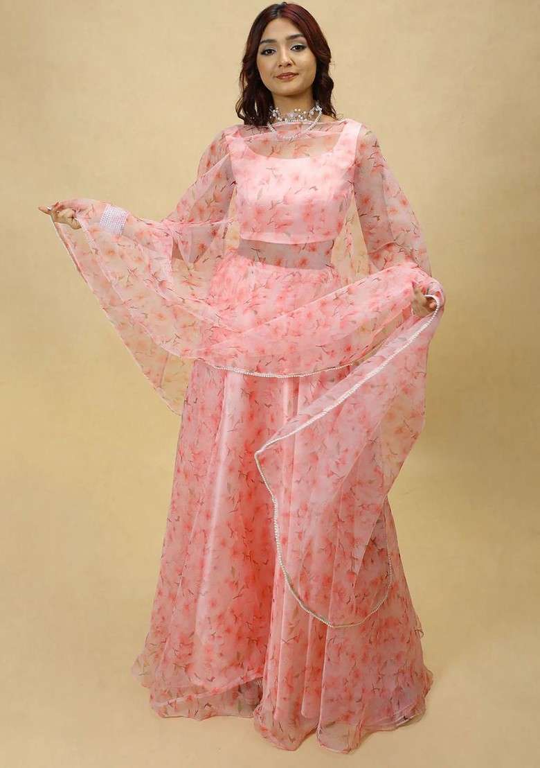 Pink Printed Blended Lehenga Choli - Indya