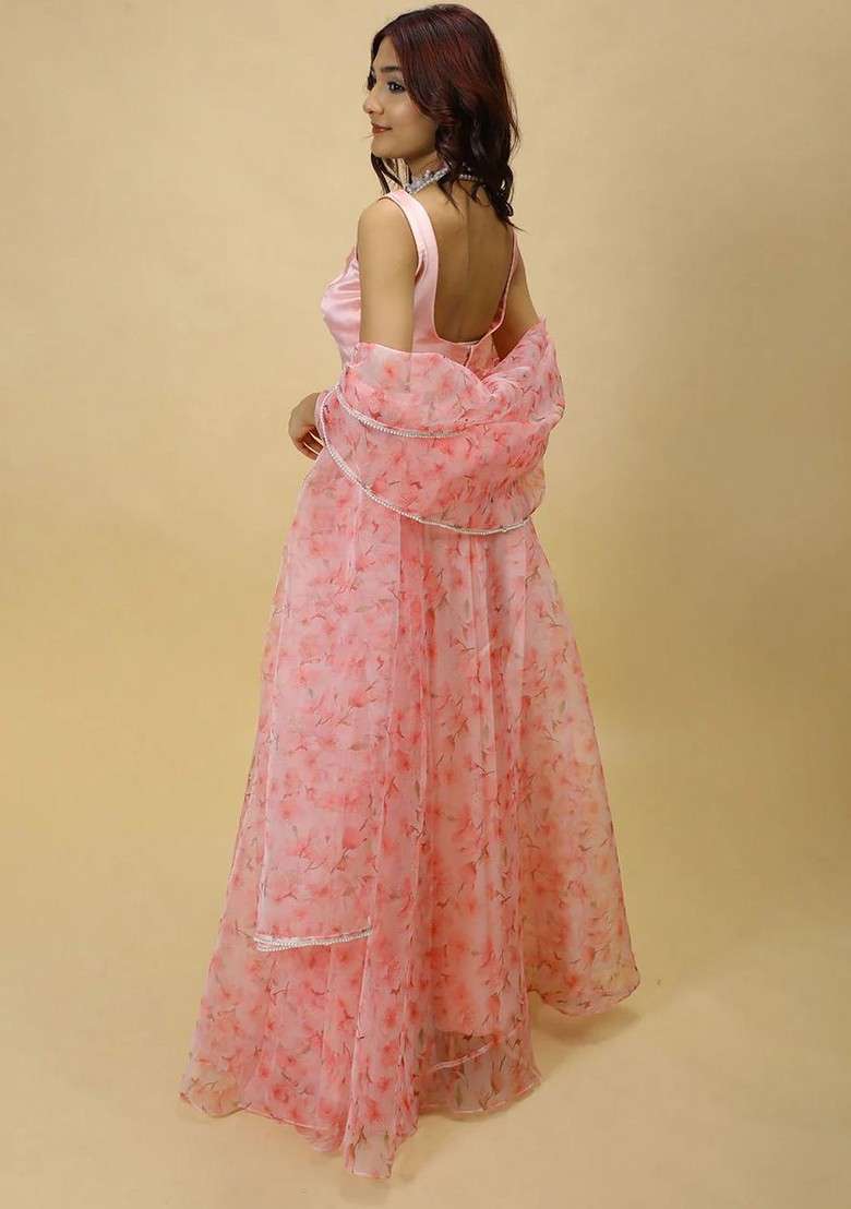 Pink Printed Blended Lehenga Choli - Indya