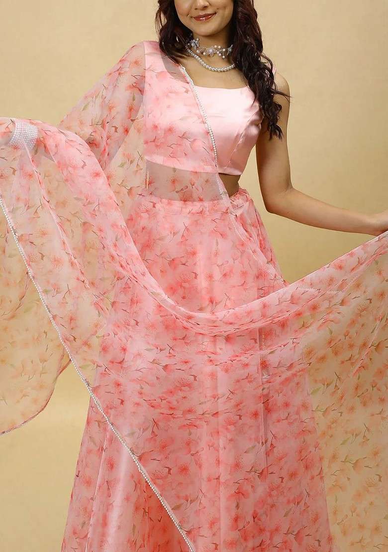 Pink Printed Blended Lehenga Choli - Indya