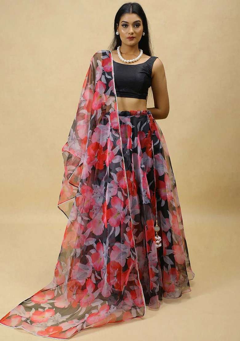 Black Printed Blended Lehenga Choli - Indya