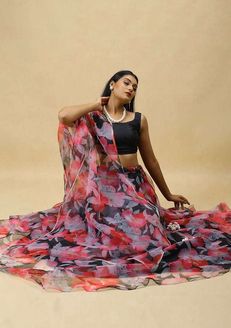 Black Printed Blended Lehenga Choli - Indya