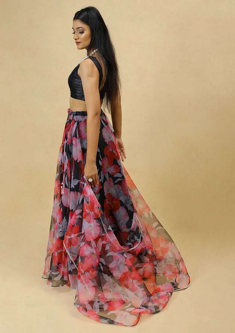 Black Printed Blended Lehenga Choli - Indya