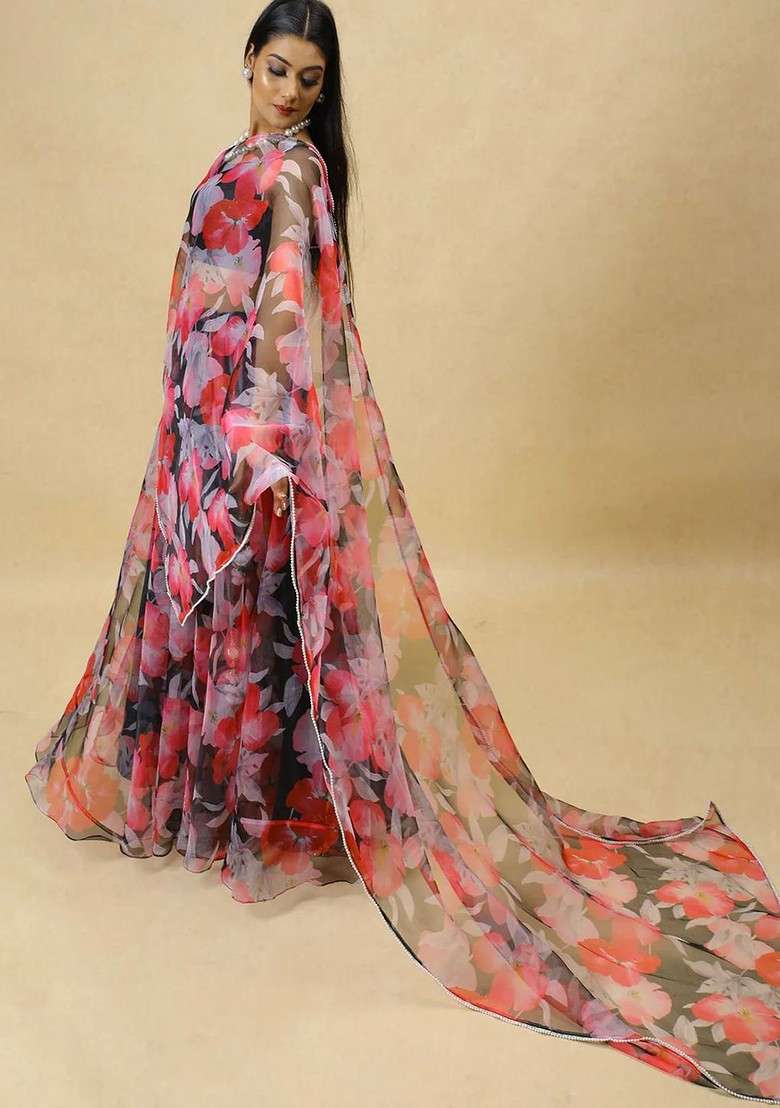 Black Printed Blended Lehenga Choli - Indya