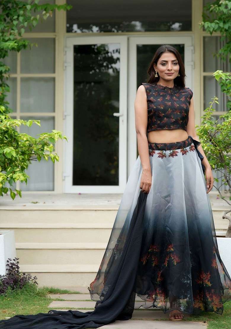 Black Printed Blended Lehenga Choli - Indya