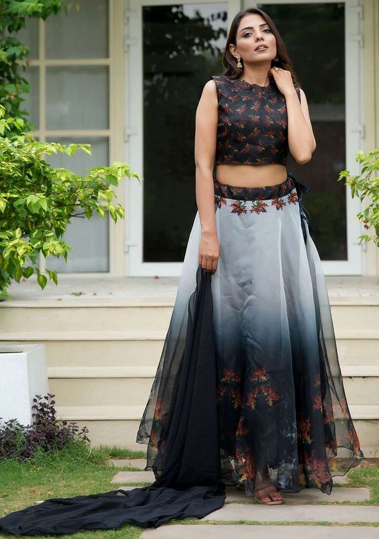 Black Printed Blended Lehenga Choli - Indya