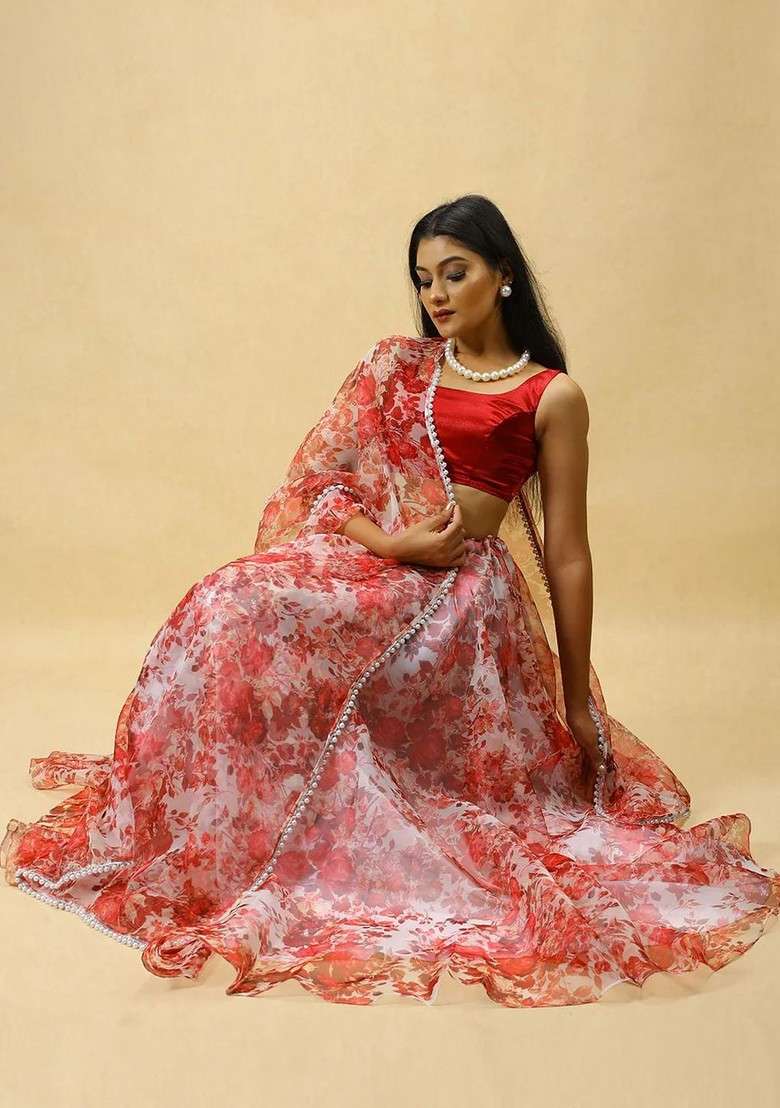 Red Printed Blended Lehenga Choli - Indya