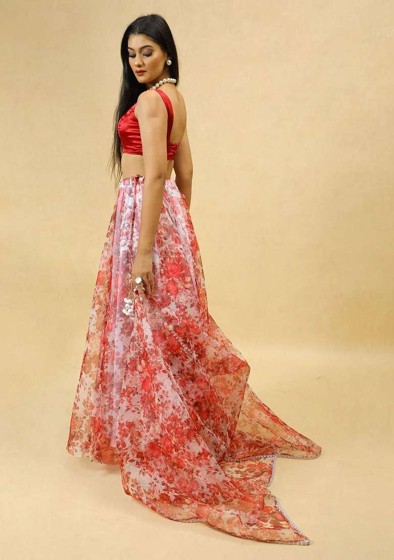 Red Printed Blended Lehenga Choli - Indya
