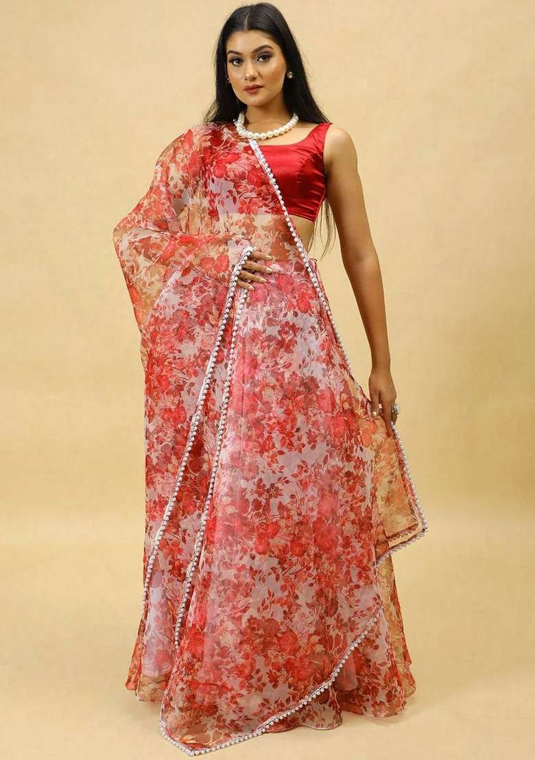 Red Printed Blended Lehenga Choli - Indya