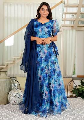 Blue Printed Blended Lehenga Choli