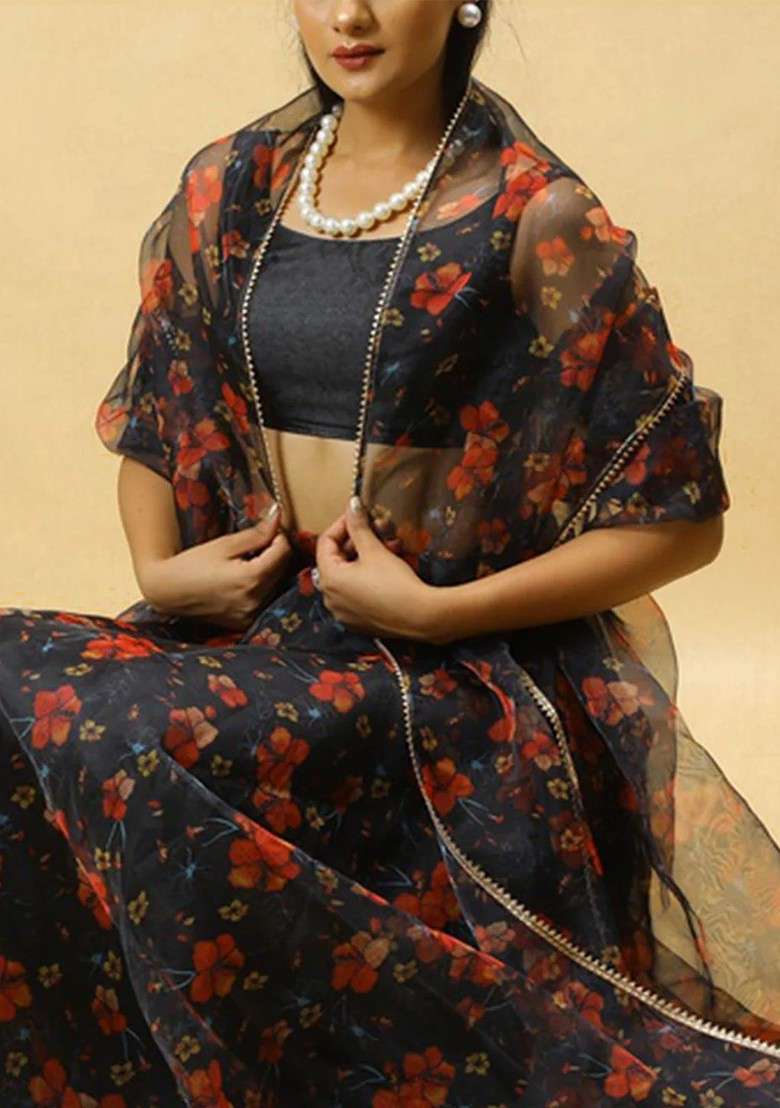 Black Printed Blended Lehenga Choli - Indya