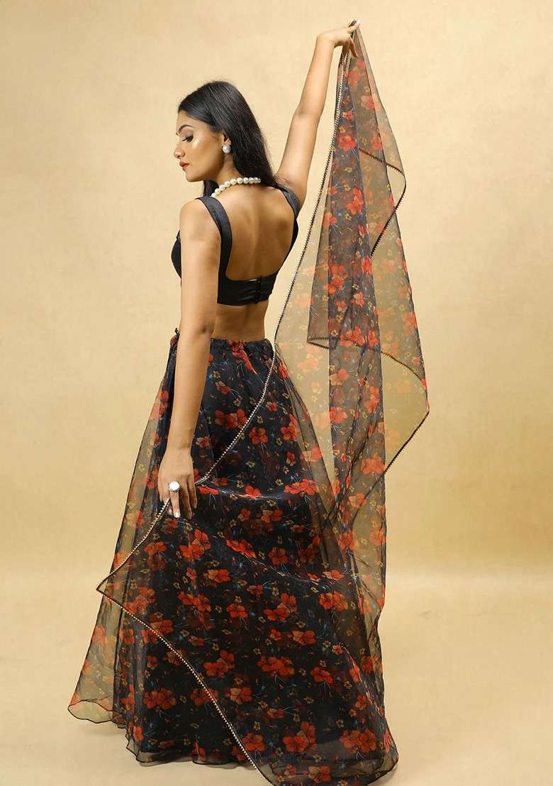 Black Printed Blended Lehenga Choli - Indya