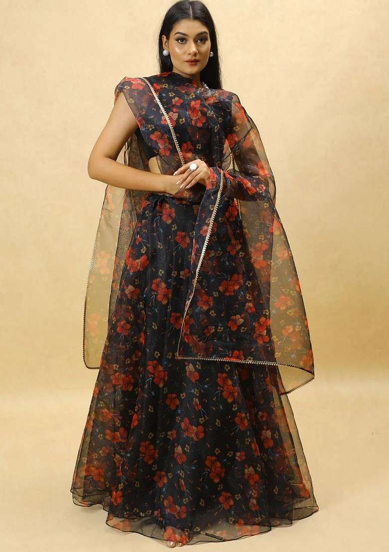 Black Printed Blended Lehenga Choli - Indya