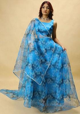 Blue Printed Blended Lehenga Choli
