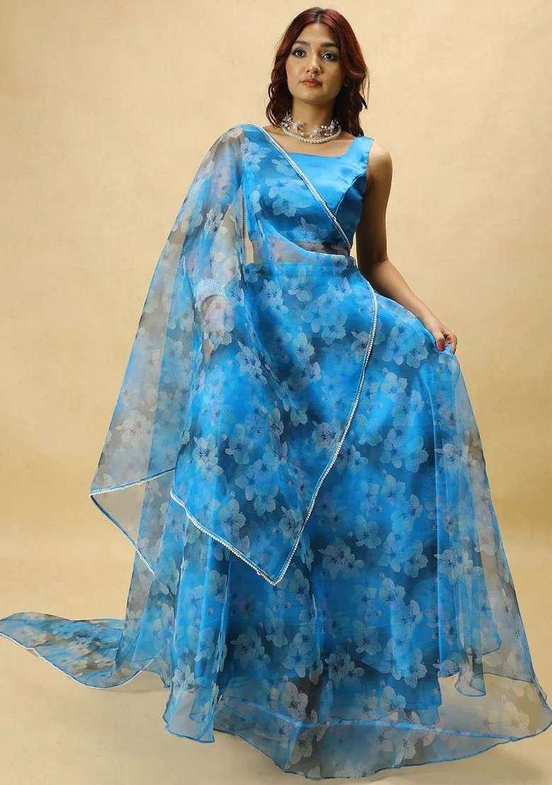 Blue Printed Blended Lehenga Choli - Indya