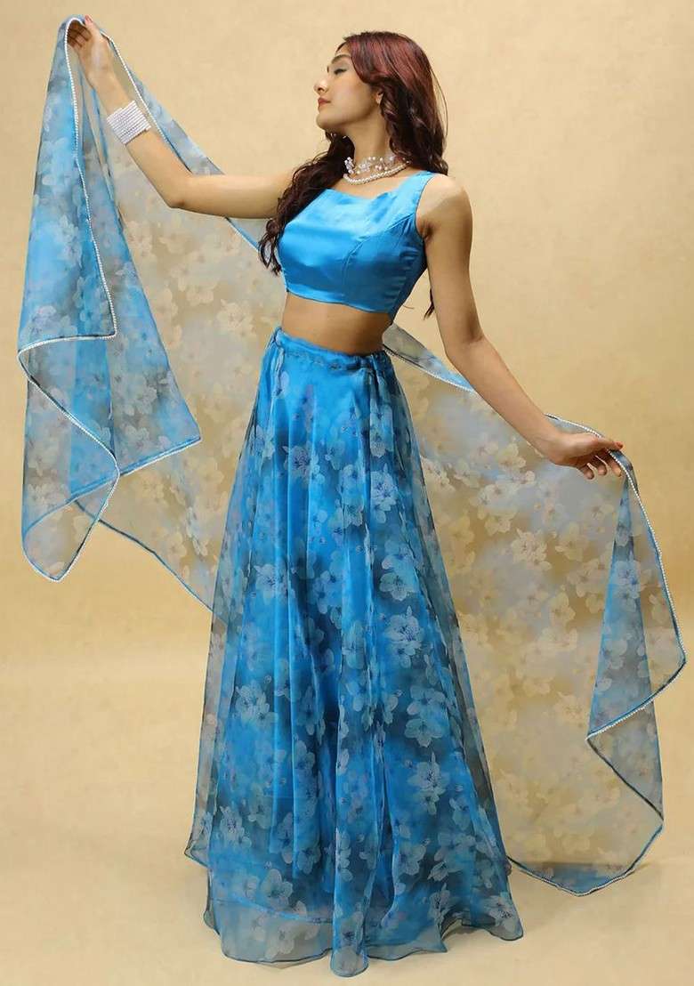 Blue Printed Blended Lehenga Choli - Indya