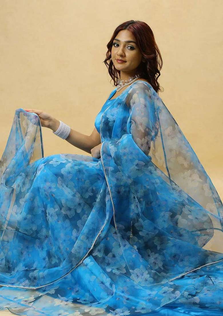 Blue Printed Blended Lehenga Choli - Indya