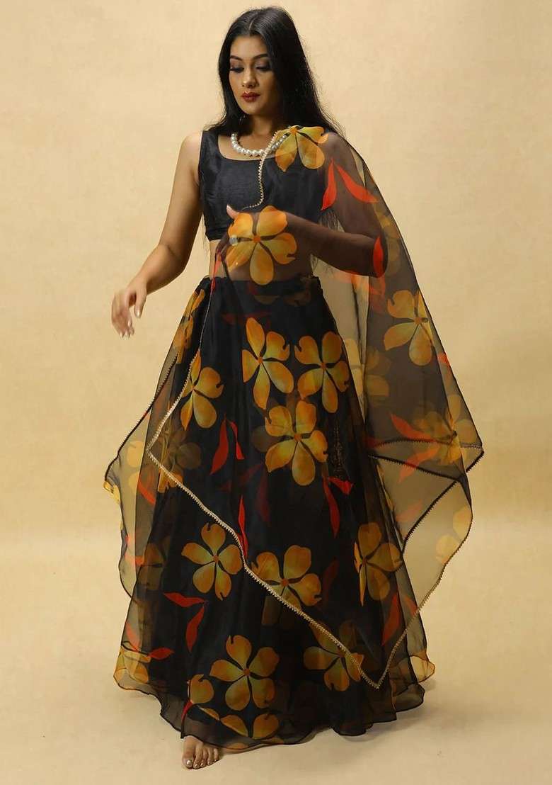 Black Printed Blended Lehenga Choli - Indya