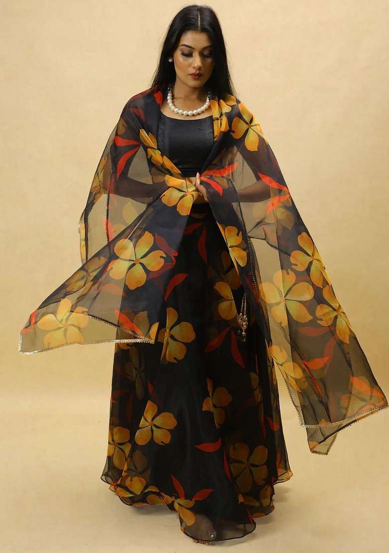 Black Printed Blended Lehenga Choli - Indya