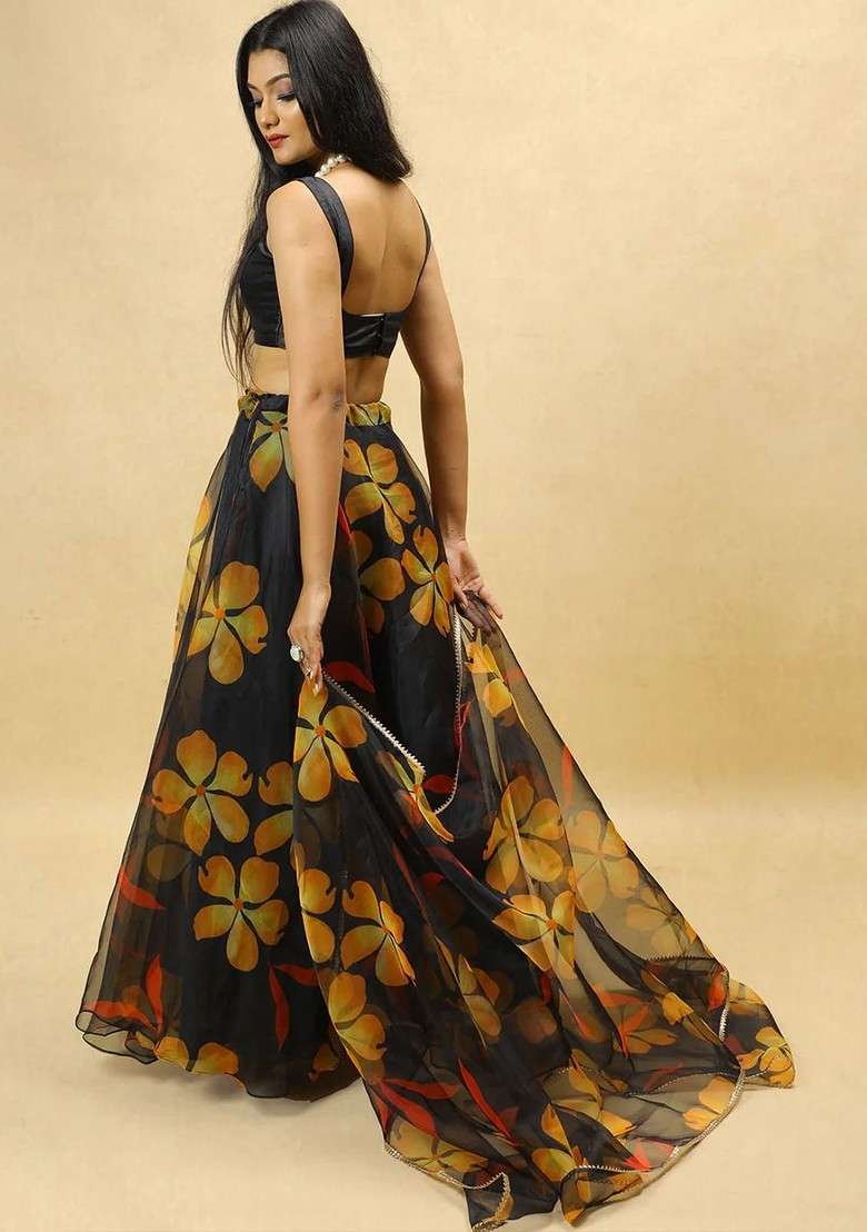 Black Printed Blended Lehenga Choli - Indya