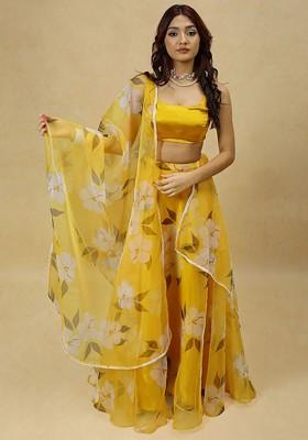 Yellow Printed Blended Lehenga Choli