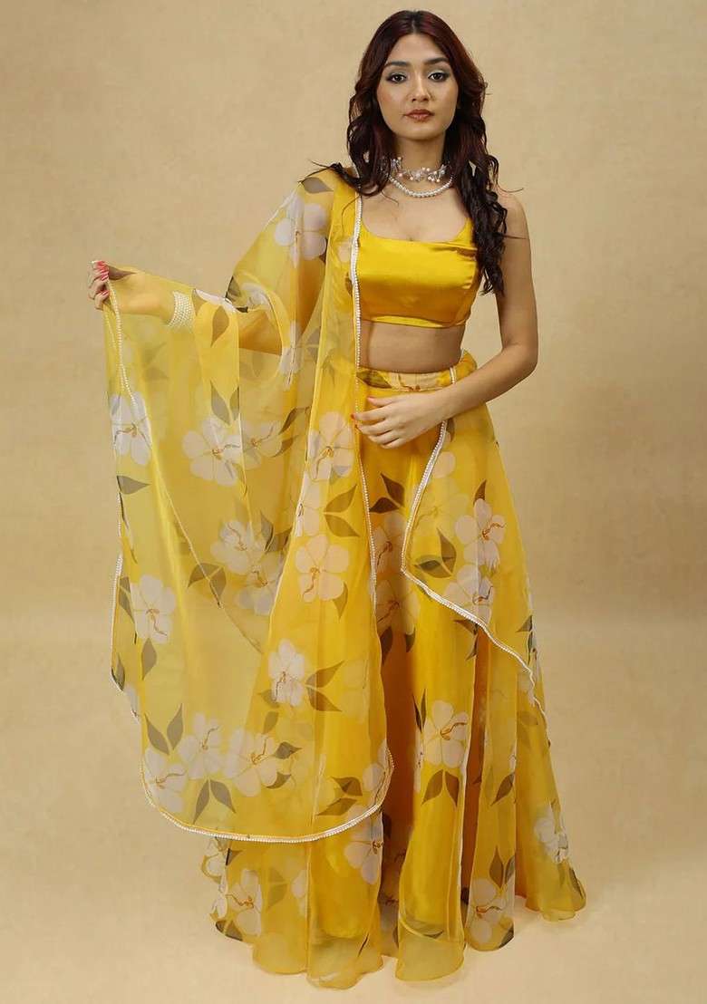 Yellow Printed Blended Lehenga Choli - Indya